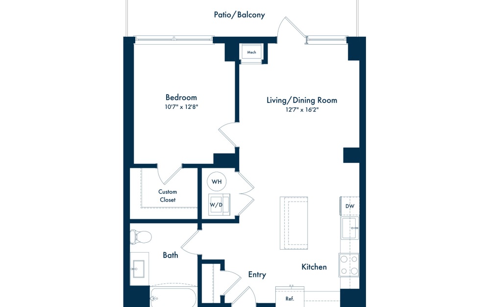 A13 - 1 bedroom floor plan layout with 1 bathroom and 727 square feet A13 - 1 bedroom floor plan layout with 1 bathroom and 727 square feet