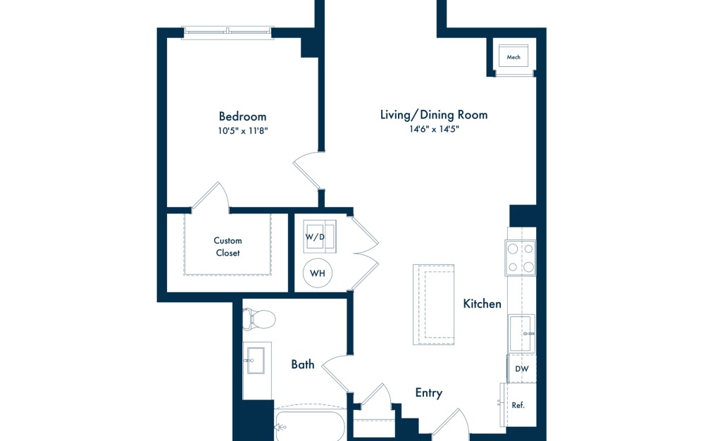 A2 - 1 bedroom floor plan layout with 1 bathroom and 671 square feet