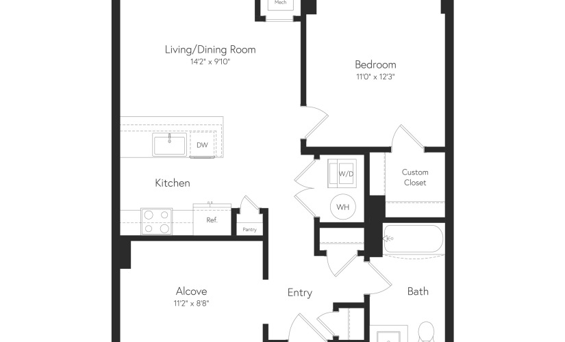 AD2 - 1 bedroom floor plan layout with 1 bathroom and 755 square feet
