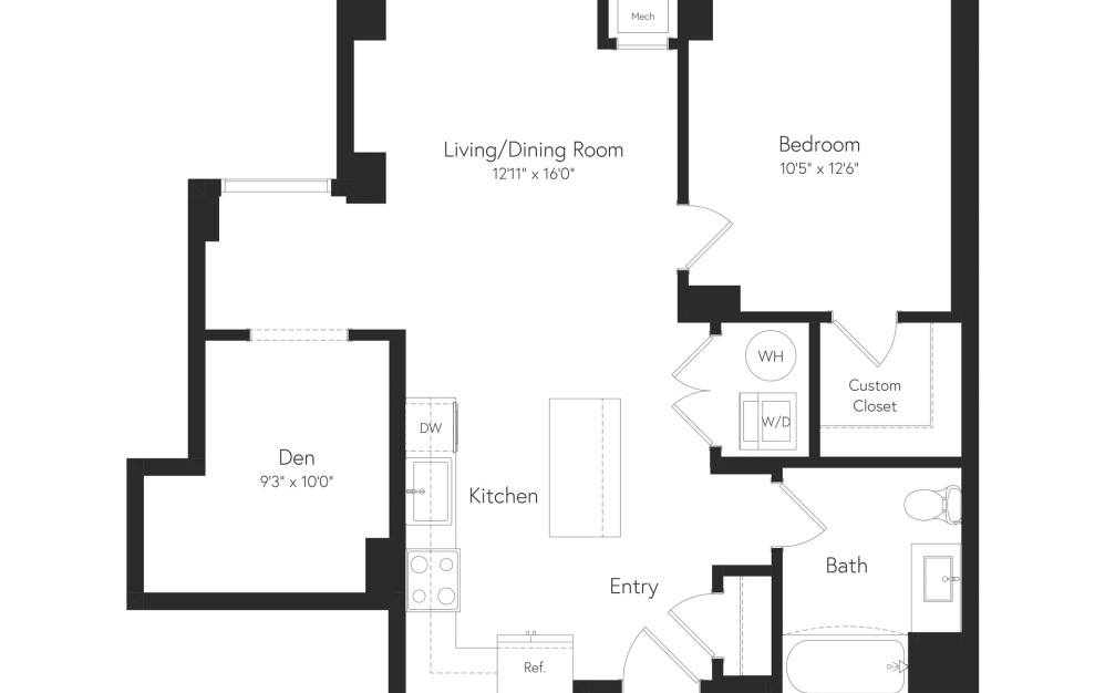 AD6 - 1 bedroom floor plan layout with 1 bathroom and 775 square feet