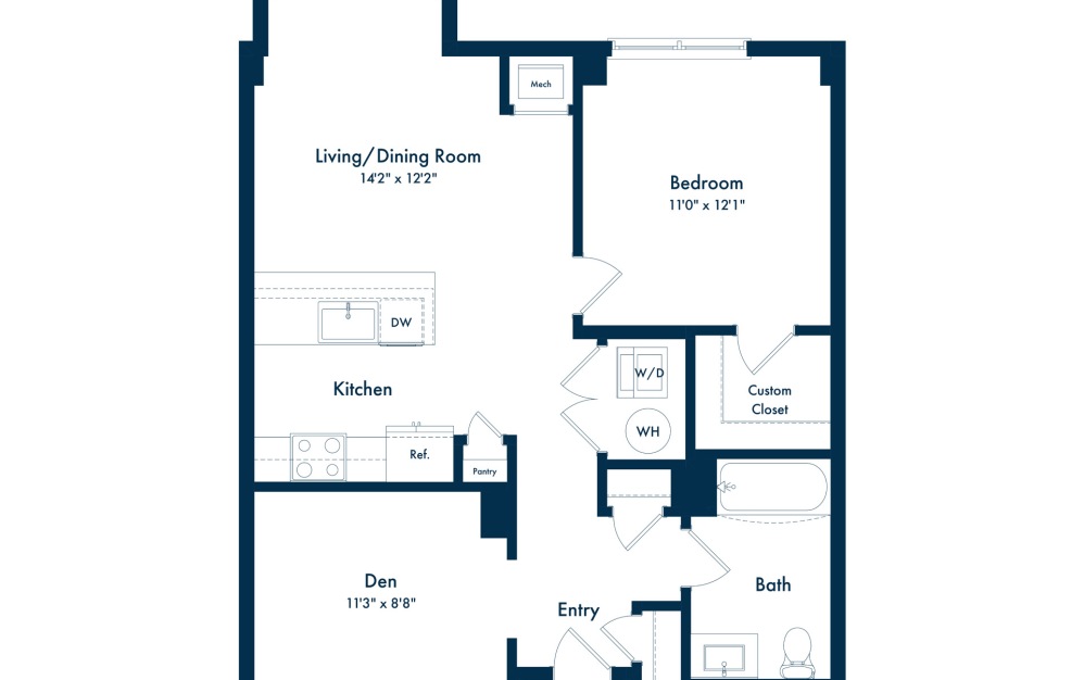 AD9 - 1 bedroom floor plan layout with 1 bathroom and 798 square feet