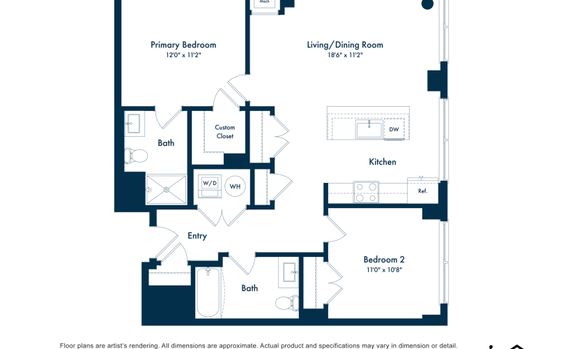 B12 - 2 bedroom floor plan layout with 2 bathrooms and 1024 square feet