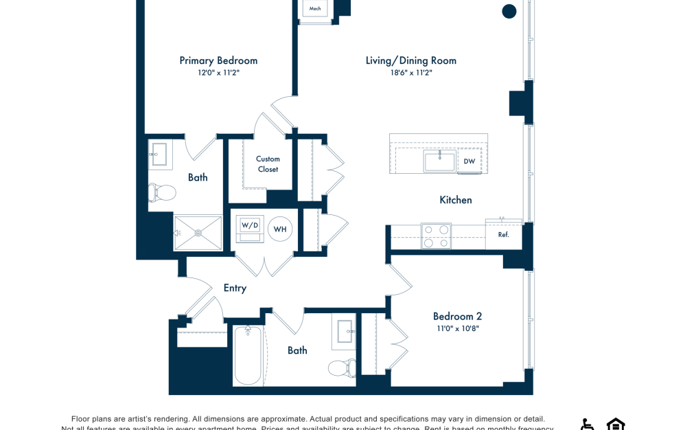 B12 - 2 bedroom floor plan layout with 2 bathrooms and 1024 square feet