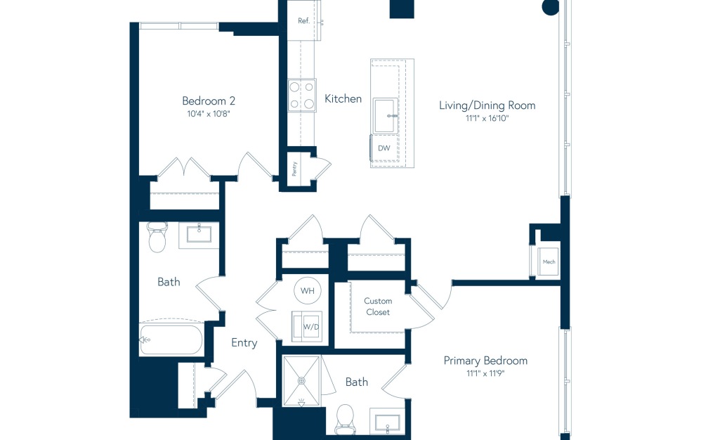 B17 - 2 bedroom floor plan layout with 2 bathrooms and 1073 square feet