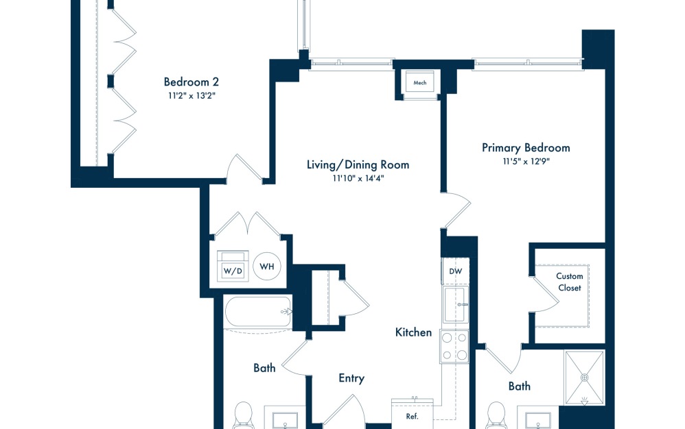 B1 - 2 bedroom floor plan layout with 2 bathrooms and 968 square feet