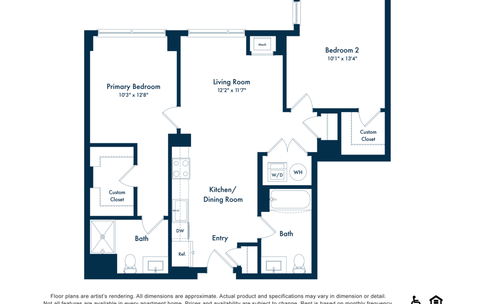 B14 - 2 bedroom floor plan layout with 2 bathrooms and 1036 square feet