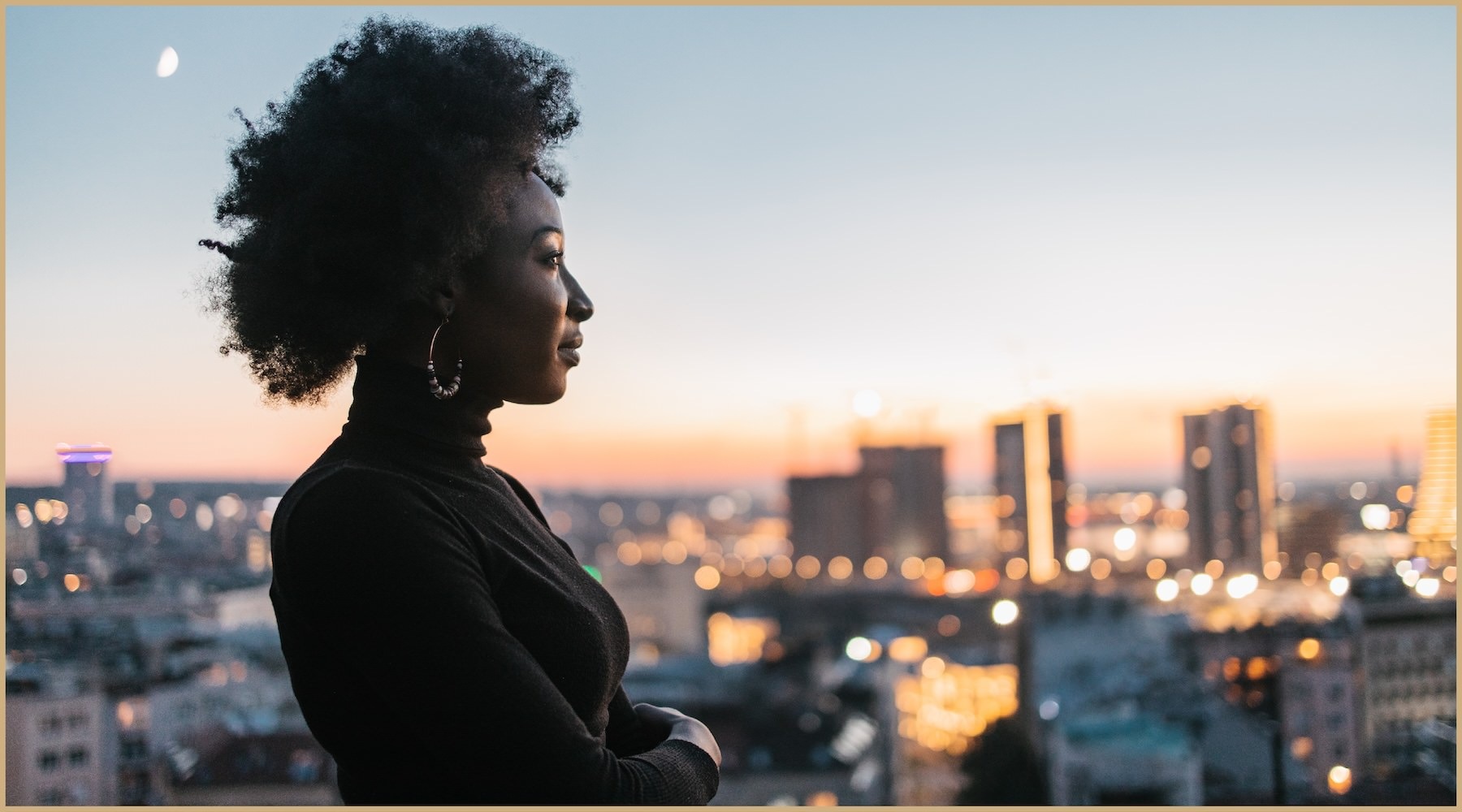 Love where you live a woman with a city skyline in the background